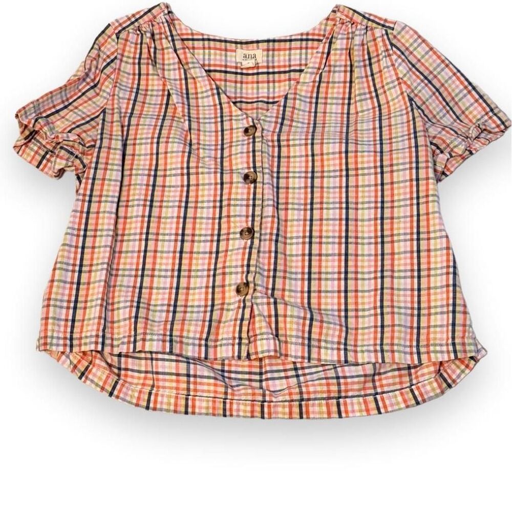 a.n.a Pastel Rainbow Plaid Puff Sleeve Button Up Blouse S